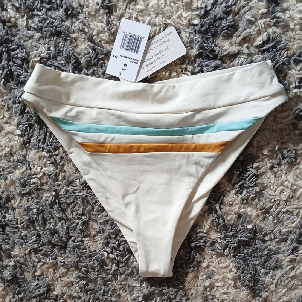 L*Space Cream Bikini Bottom with Aqua and Gold Stripes
